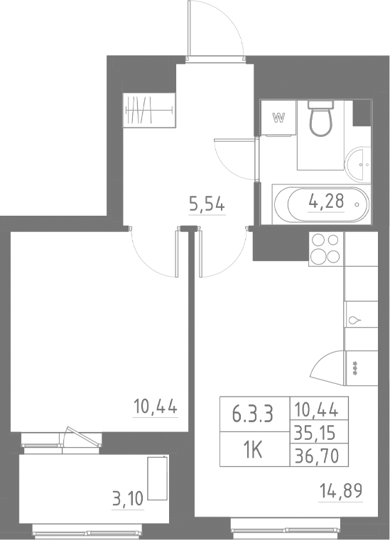 Планировка — Аквилон Солар, 1-комн., 35 м²