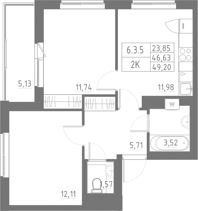 Планировка — Аквилон Солар, 2-комн., 47 м²