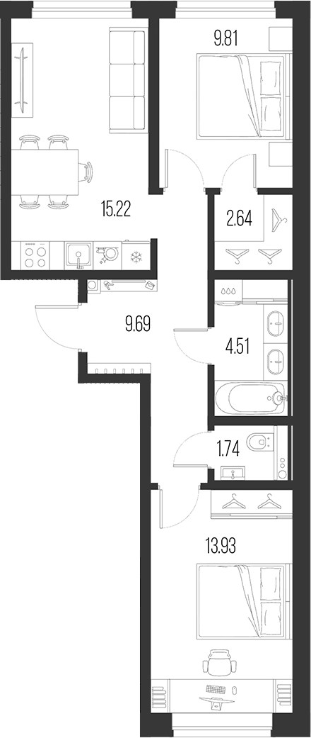 Планировка — Новая земля, 3-комн., 58 м²