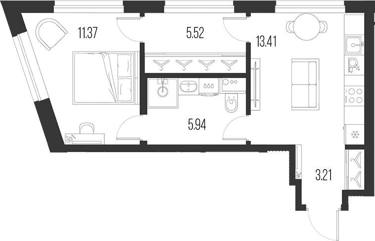 Планировка — Новая земля, 1-комн., 39 м²