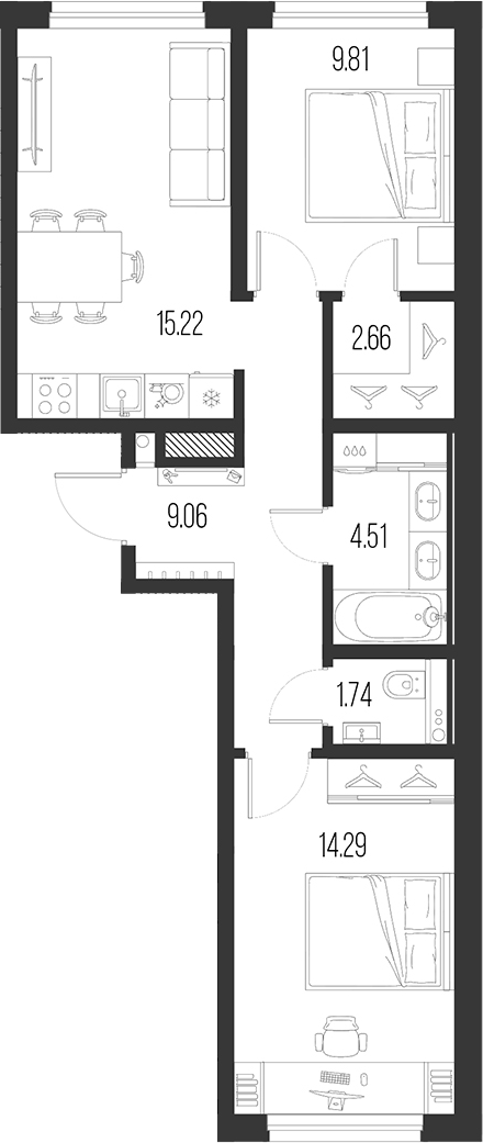 Планировка — Новая земля, 3-комн., 57 м²