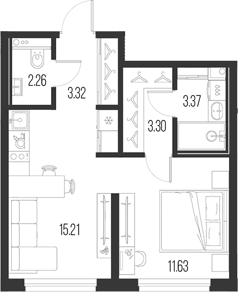 Планировка — Новая земля, 2-комн., 39 м²