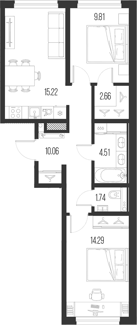 Планировка — Новая земля, 3-комн., 58 м²
