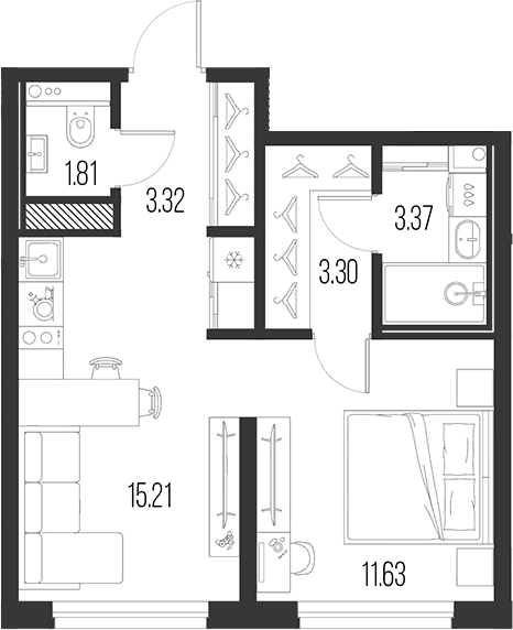 Планировка — Новая земля, 2-комн., 39 м²