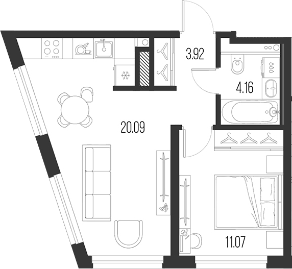 Планировка — Новая земля, 2-комн., 39 м²
