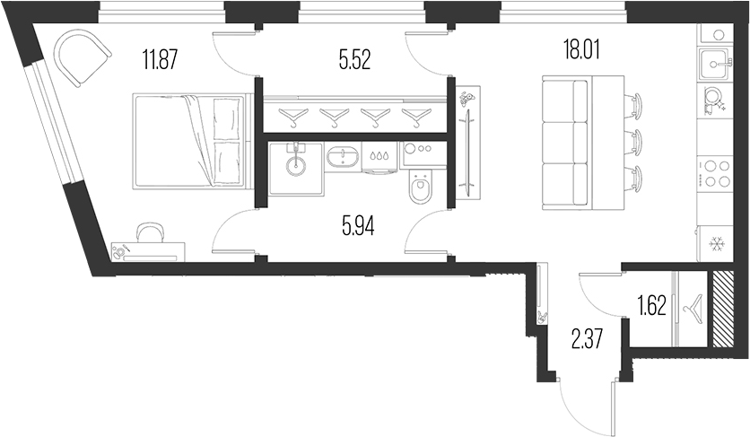 Планировка — Новая земля, 2-комн., 45 м²
