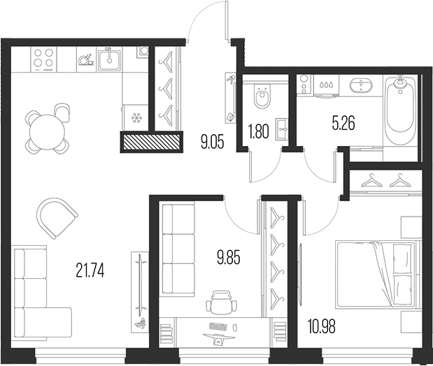 Планировка — Новая земля, 3-комн., 59 м²