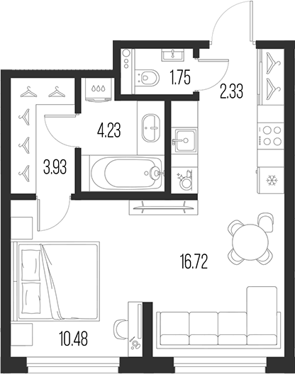 Планировка — Новая земля, 2-комн., 39 м²