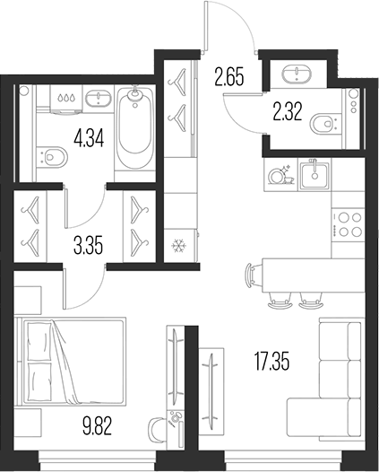 Планировка — Новая земля, 2-комн., 40 м²
