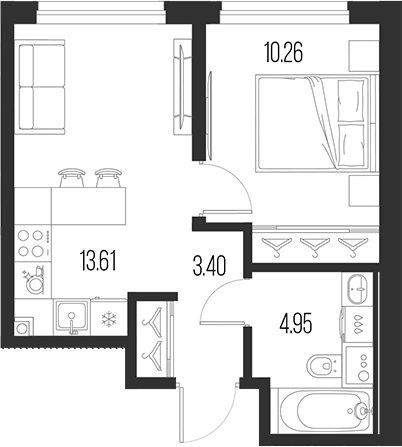 Планировка — Новая земля, 1-комн., 32 м²