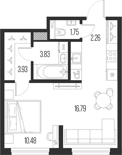 Планировка — Новая земля, 2-комн., 39 м²