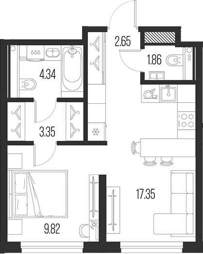 Планировка — Новая земля, 2-комн., 39 м²