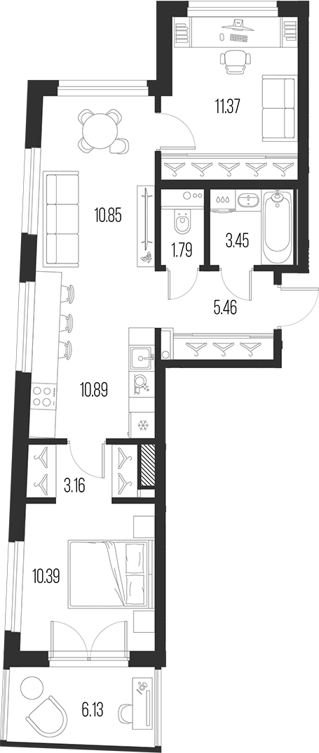 Планировка — Новая земля, 3-комн., 57 м²