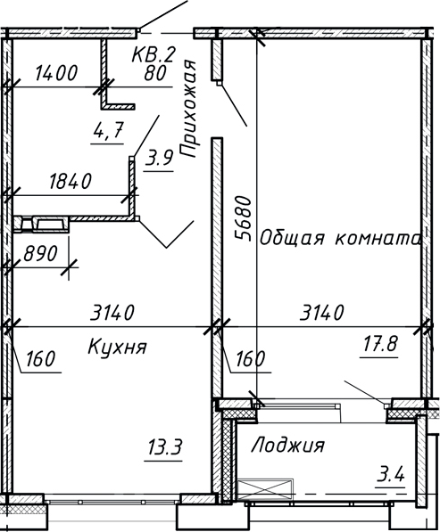 Планировка — Сибирь, 1-комн., 40 м²