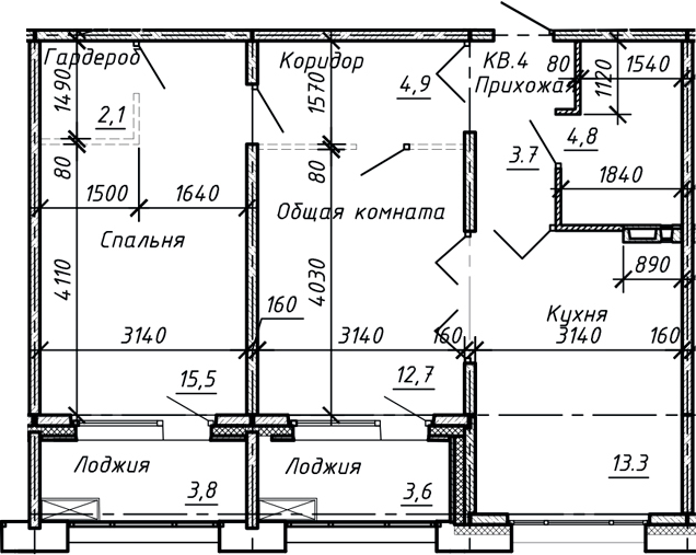 Планировка — Сибирь, 2-комн., 57 м²
