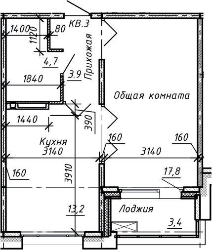Планировка — Сибирь, 1-комн., 40 м²
