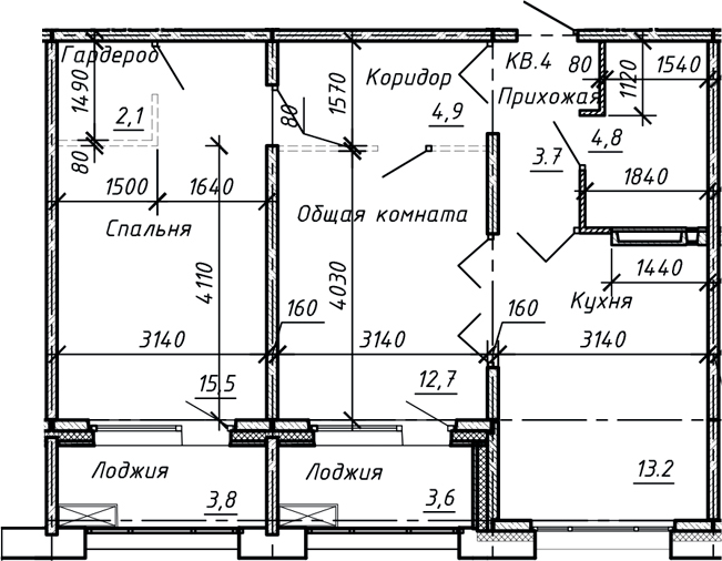 Планировка — Сибирь, 2-комн., 57 м²