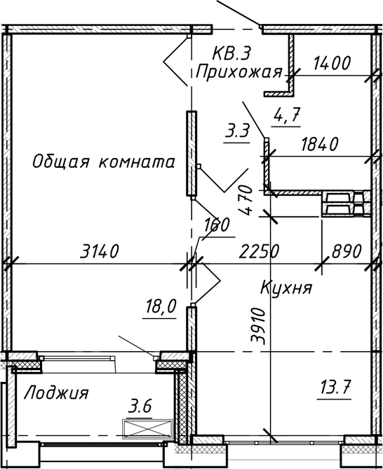 Планировка — Сибирь, 1-комн., 40 м²