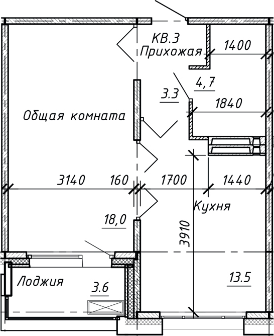 Планировка — Сибирь, 1-комн., 39 м²
