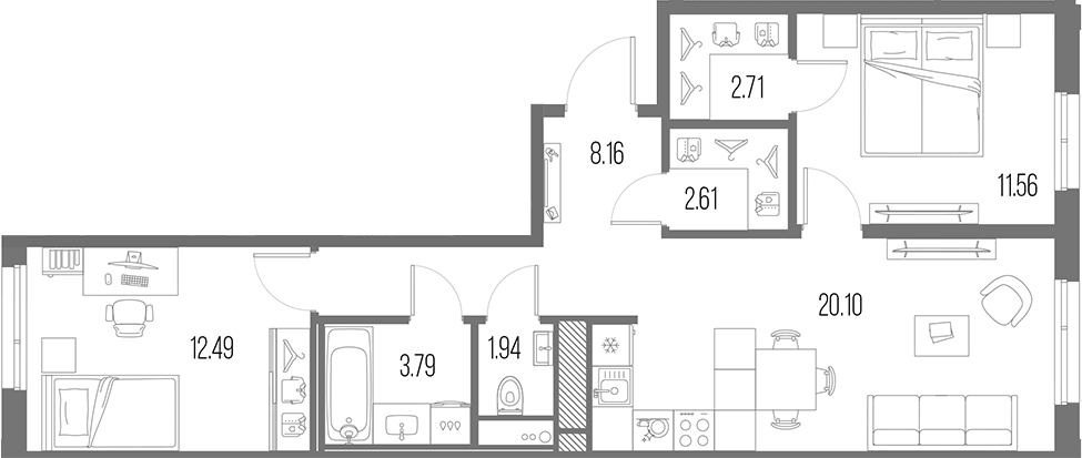 Планировка — Legenda Васильевского, 3-комн., 63 м²