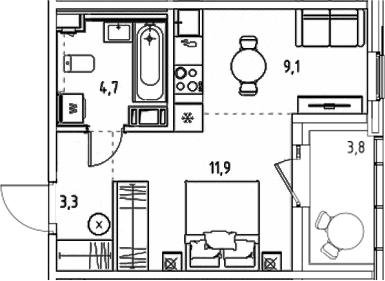 Планировка — Янила Форест, Студия, 29 м²