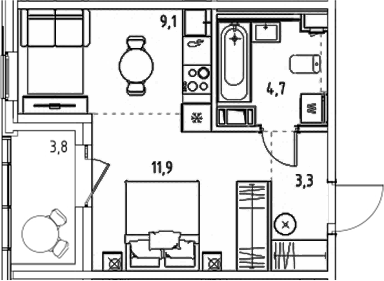 Планировка — Янила Форест, Студия, 29 м²