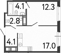 Планировка — Передвижники, 2-комн., 40 м²