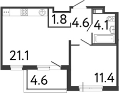 Планировка — Передвижники, 2-комн., 43 м²