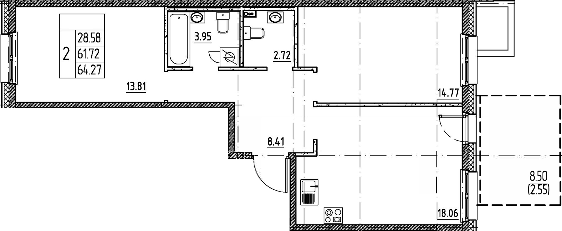 Планировка — Сезоны, 3-комн., 62 м²