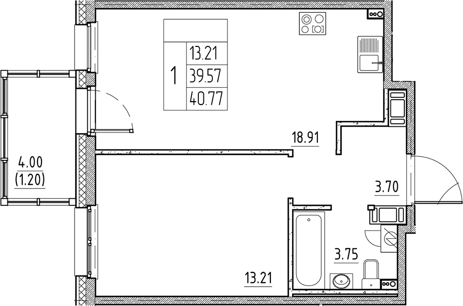 Планировка — Сезоны, 2-комн., 40 м²