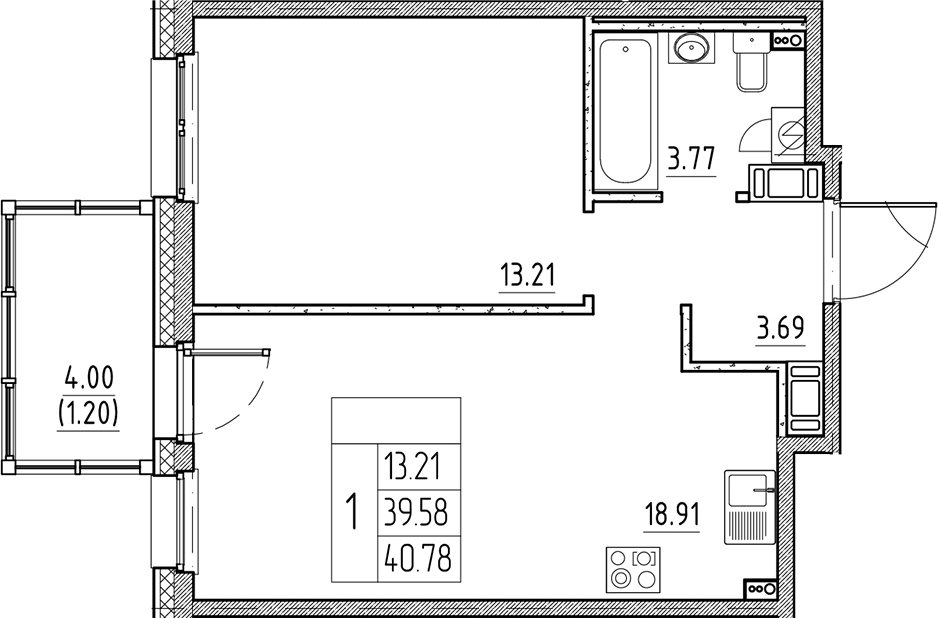 Планировка — Сезоны, 2-комн., 40 м²