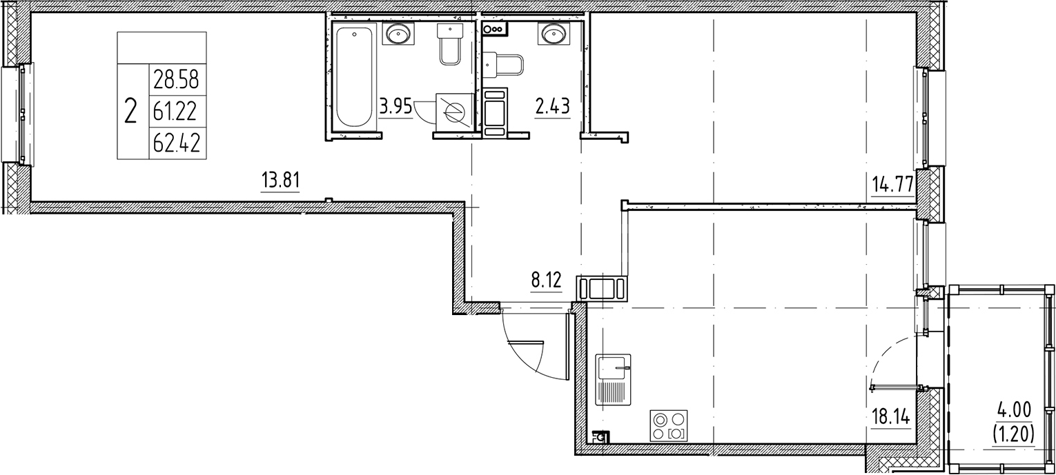 Планировка — Сезоны, 3-комн., 61 м²