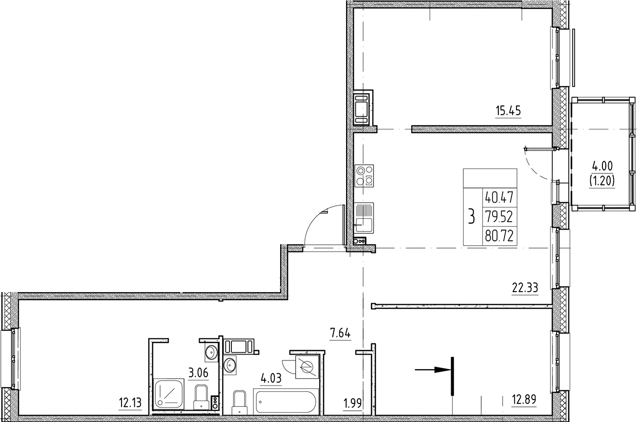 Планировка — Сезоны, 4-комн., 80 м²