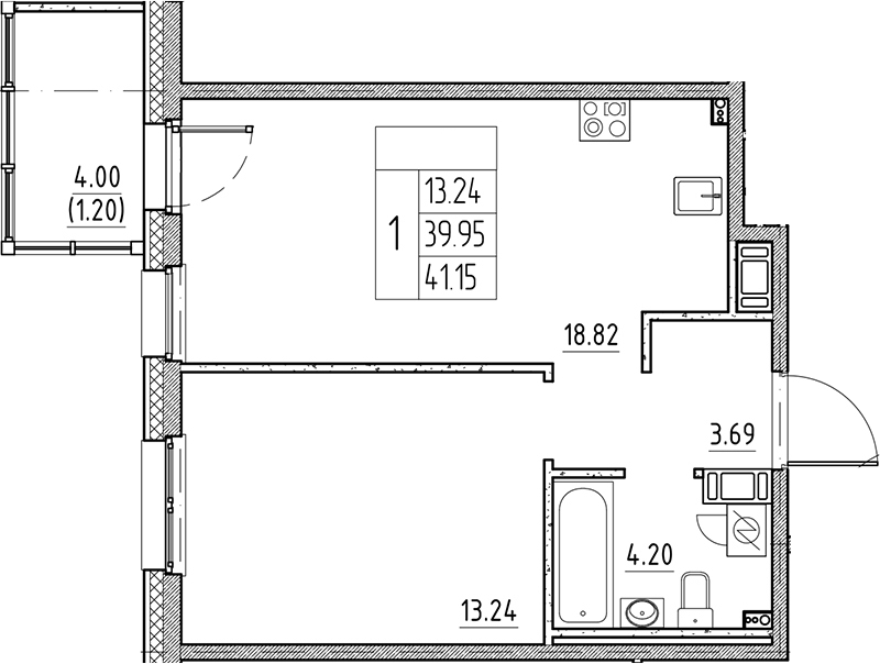 Планировка — Сезоны, 2-комн., 40 м²
