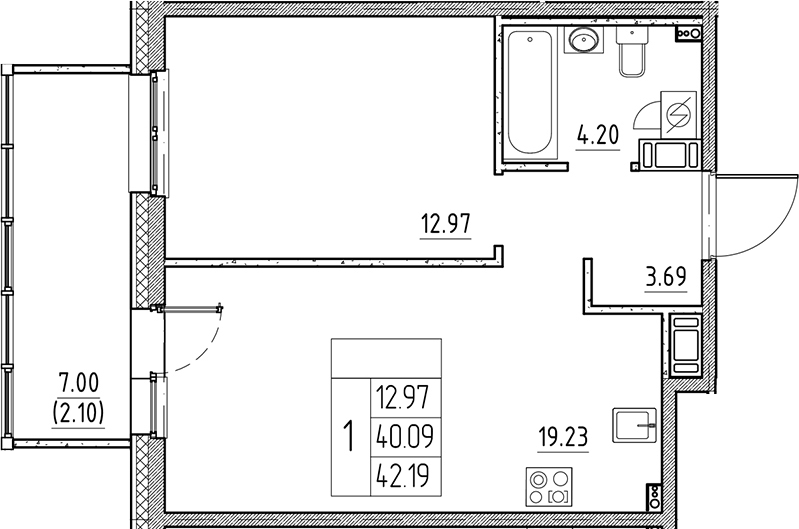 Планировка — Сезоны, 2-комн., 40 м²