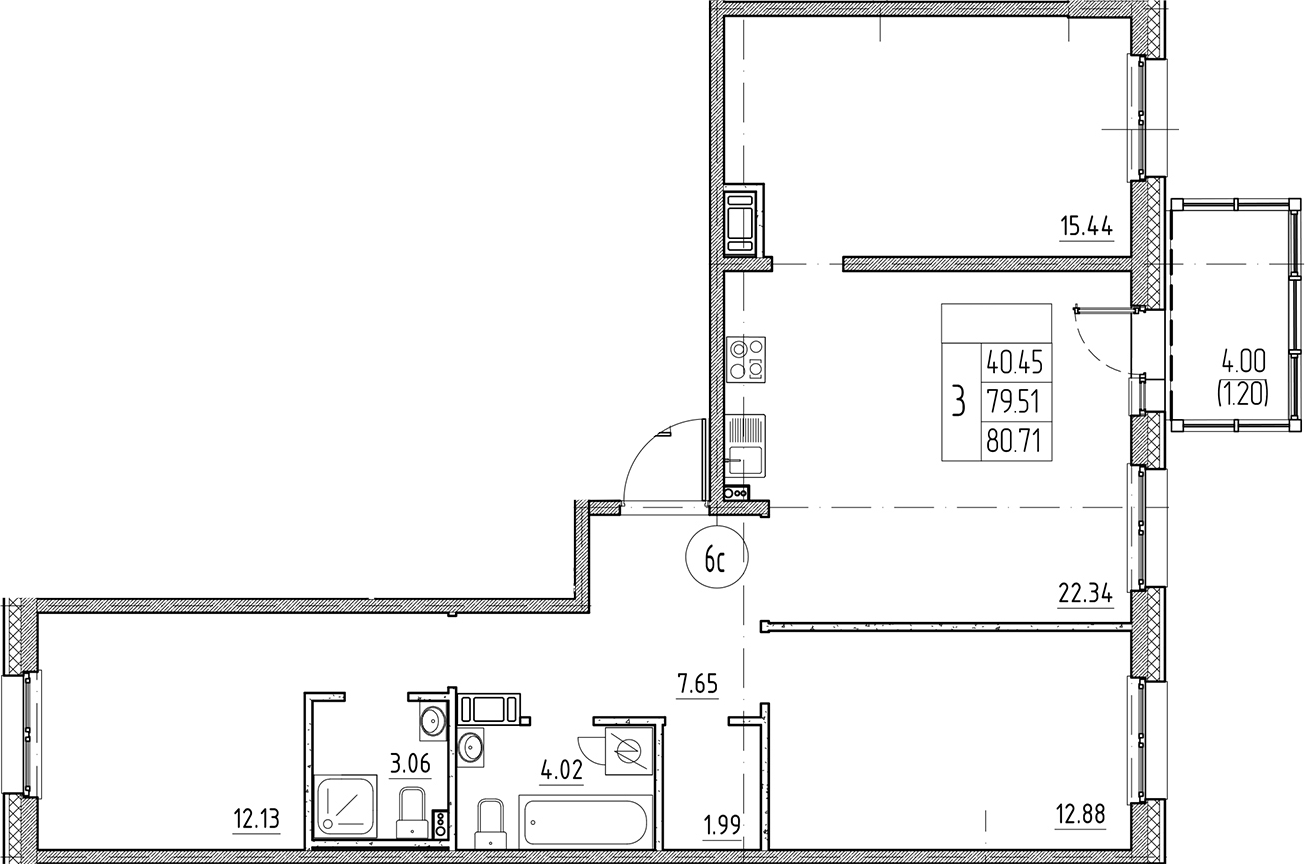 Планировка — Сезоны, 4-комн., 80 м²