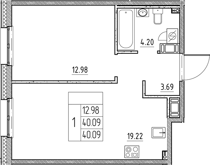 Планировка — Сезоны, 2-комн., 40 м²