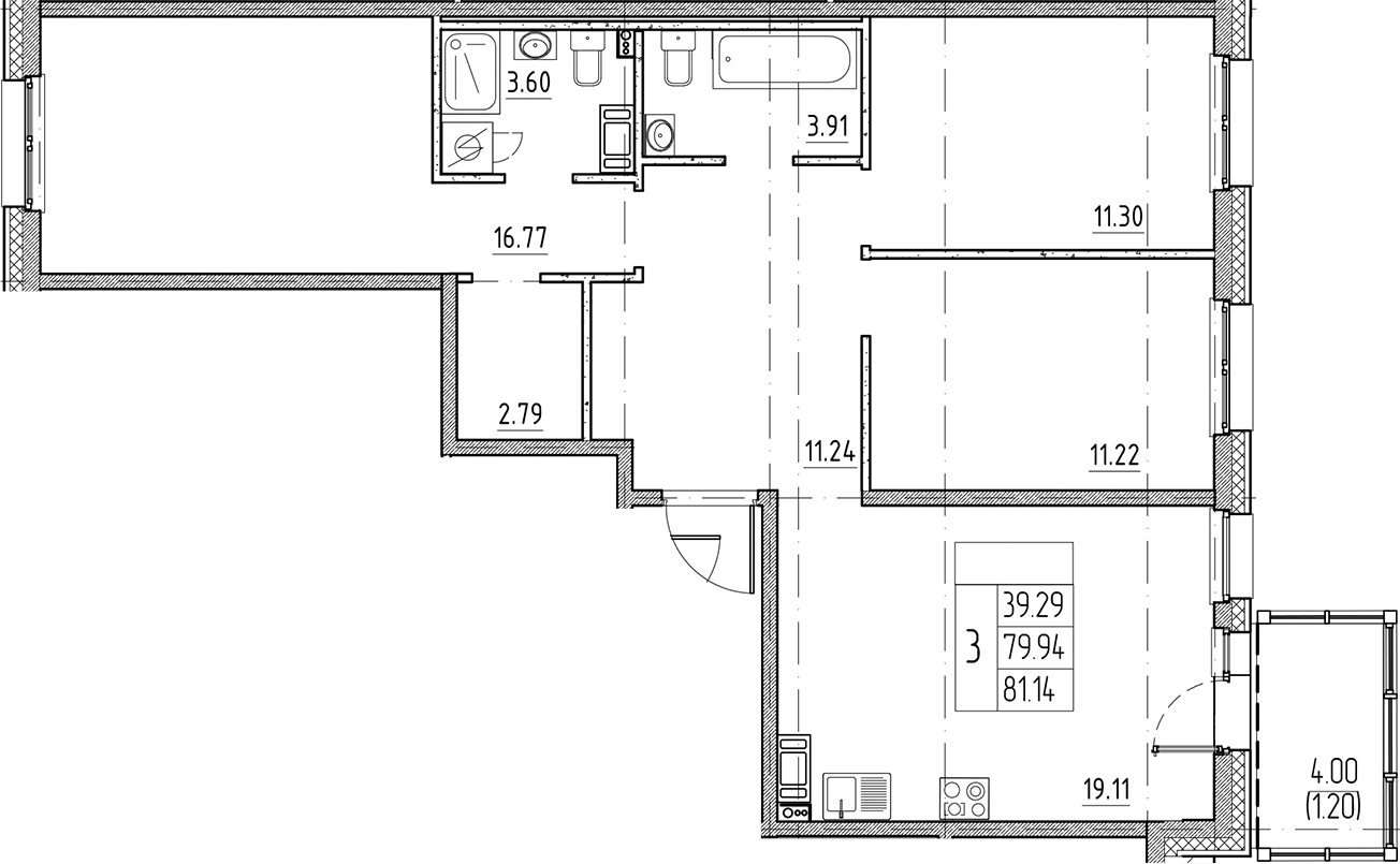 Планировка — Сезоны, 4-комн., 80 м²