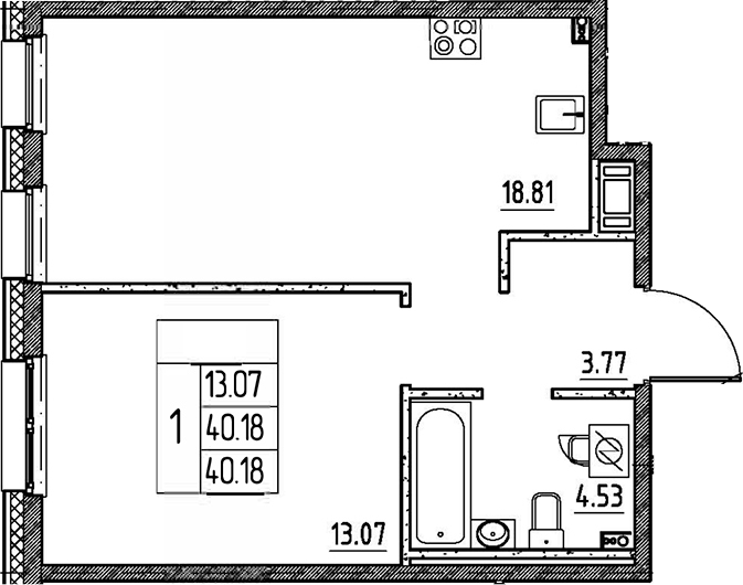 Планировка — Сезоны, 2-комн., 40 м²
