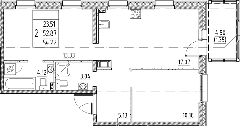 Планировка — Сезоны, 3-комн., 53 м²
