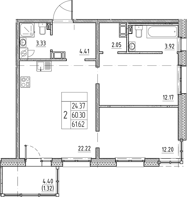 Планировка — Сезоны, 3-комн., 60 м²