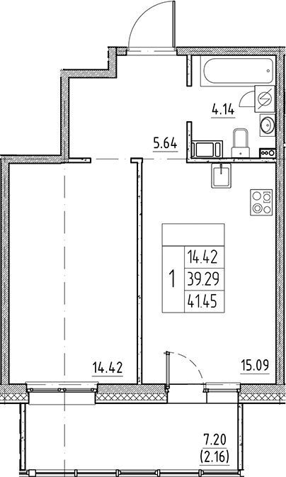 Планировка — Сезоны, 2-комн., 39 м²