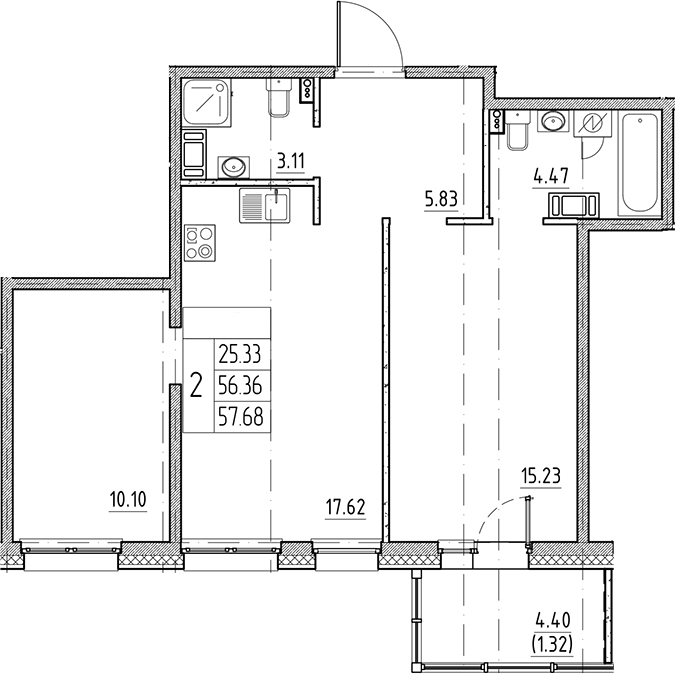 Планировка — Сезоны, 3-комн., 56 м²