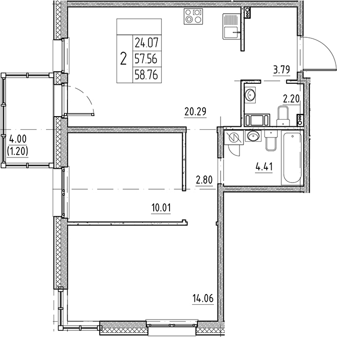 Планировка — Сезоны, 3-комн., 58 м²
