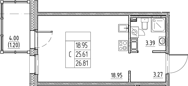 Планировка — Сезоны, Студия, 26 м²
