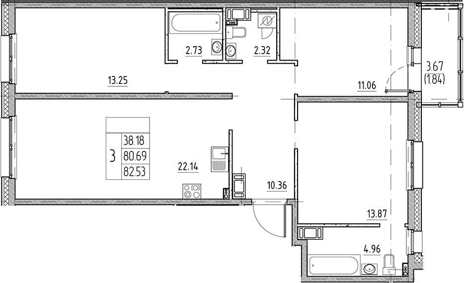 Планировка — Сезоны, 4-комн., 81 м²