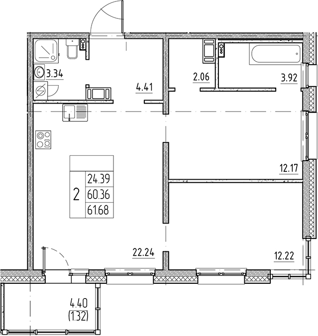 Планировка — Сезоны, 3-комн., 60 м²