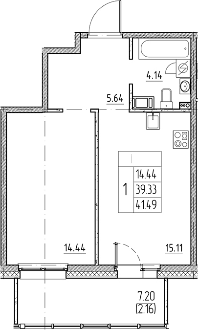Планировка — Сезоны, 2-комн., 39 м²