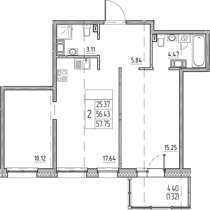 Планировка — Сезоны, 3-комн., 56 м²