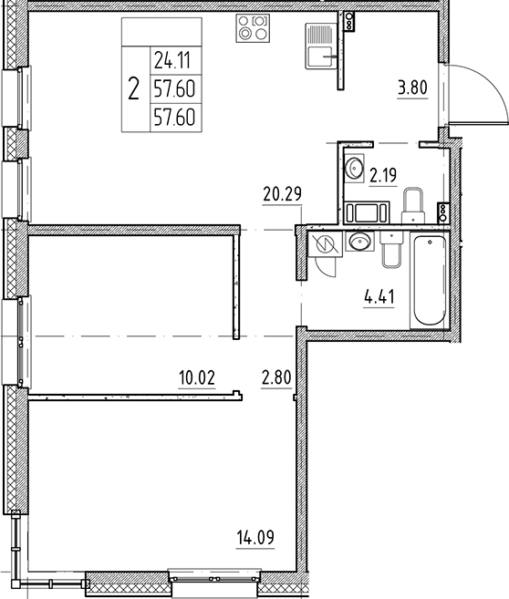 Планировка — Сезоны, 3-комн., 58 м²